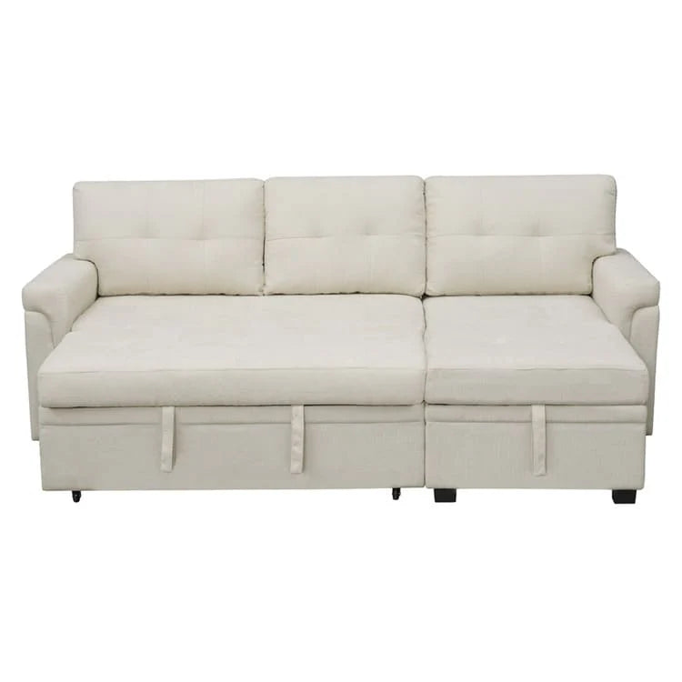 Canapé d'angle convertible et réversible avec lit gigogne, méridienne de rangement dissimulée et pieds robustes.