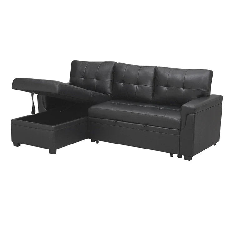 Canapé d'angle convertible et réversible avec lit gigogne, méridienne de rangement dissimulée et pieds robustes.