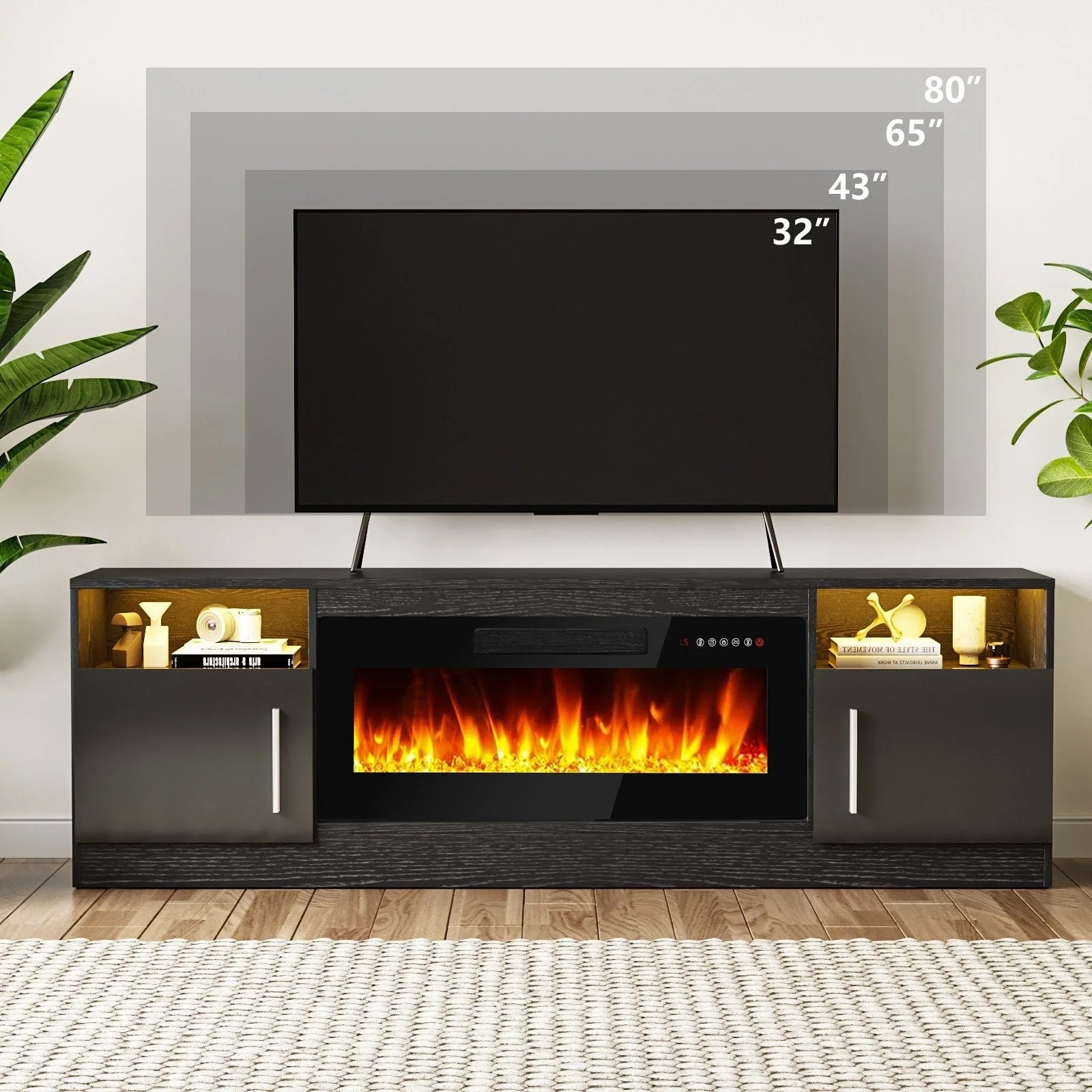 Meuble TV Bossin 70 avec cheminée électrique 36 pouces, compatible avec les téléviseurs jusqu'à 80 pouces, éclairage LED 16 couleurs/centre multimédia