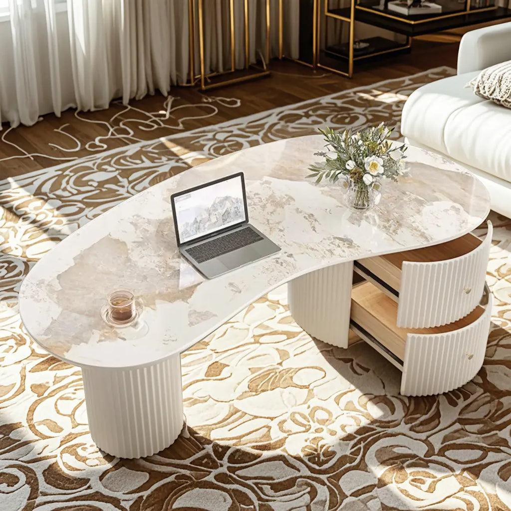 Table basse ovale blanche minimaliste standard avec 2 tiroirs