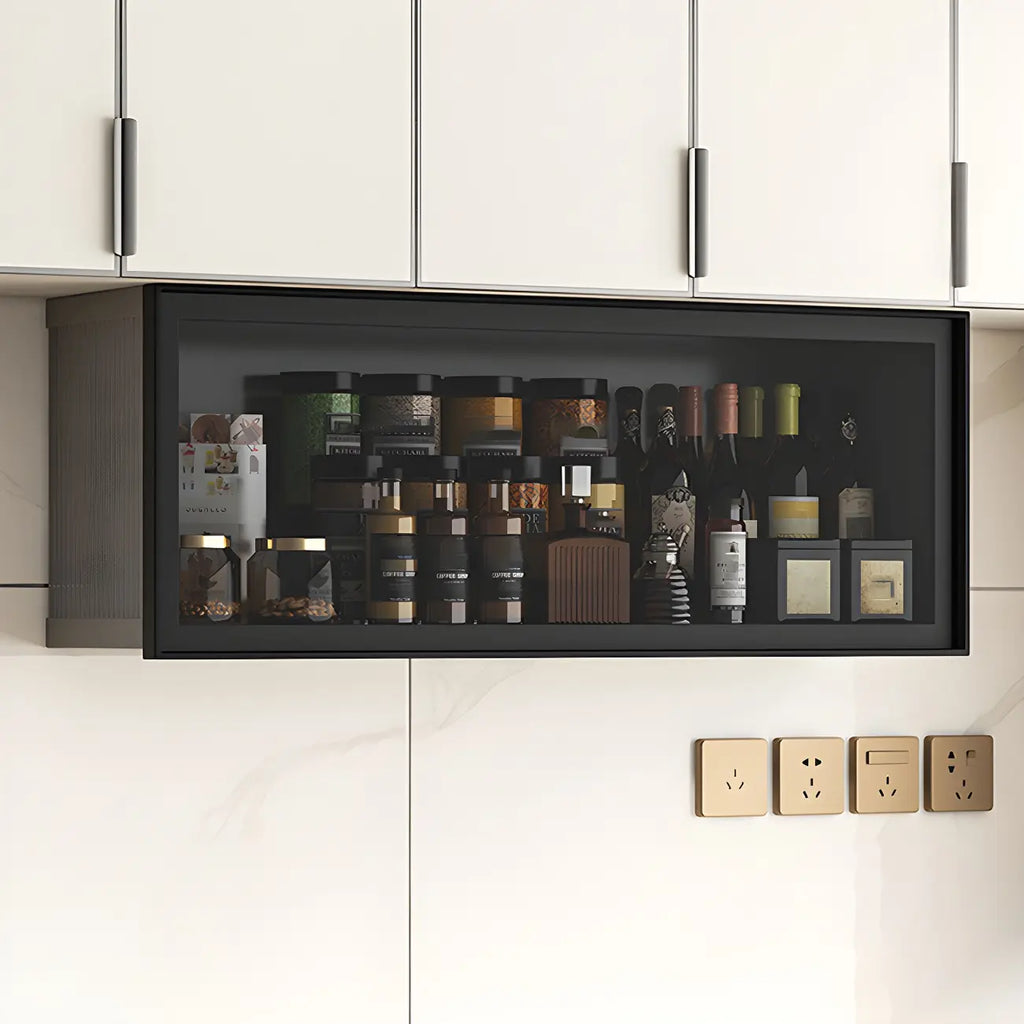 Vitrine de cuisine suspendue en métal gris et verre