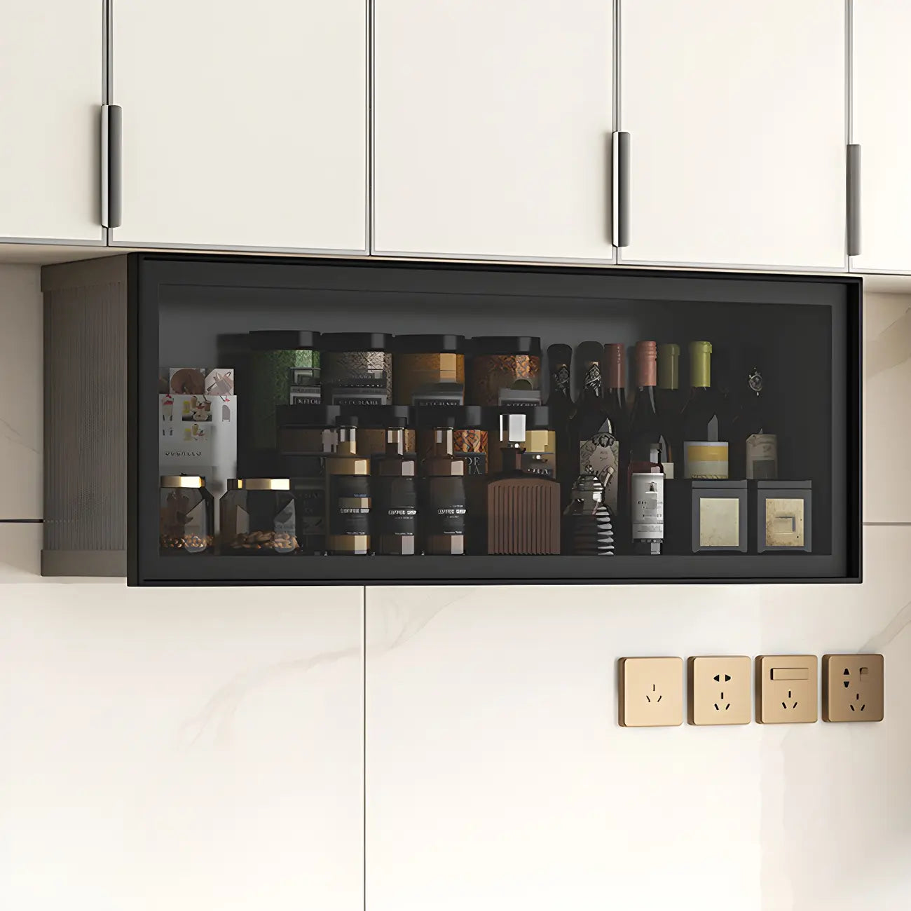 Vitrine de cuisine suspendue en métal gris et verre