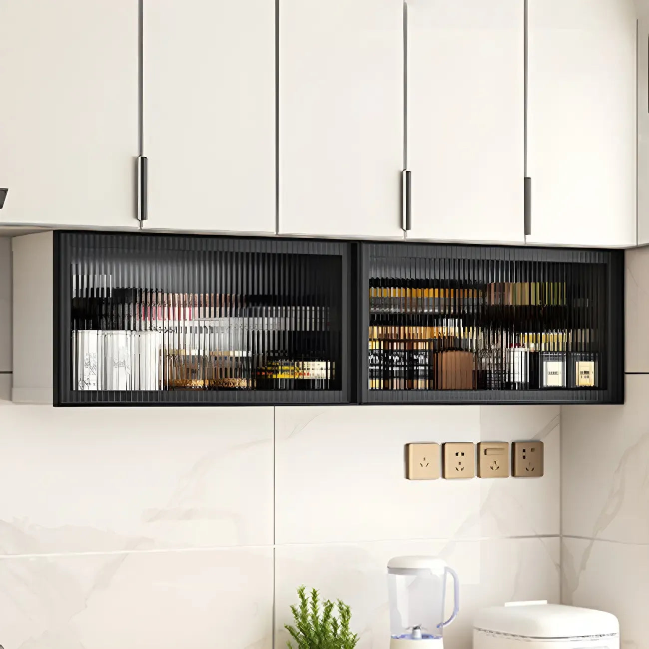 Vitrine de cuisine suspendue en métal gris et verre