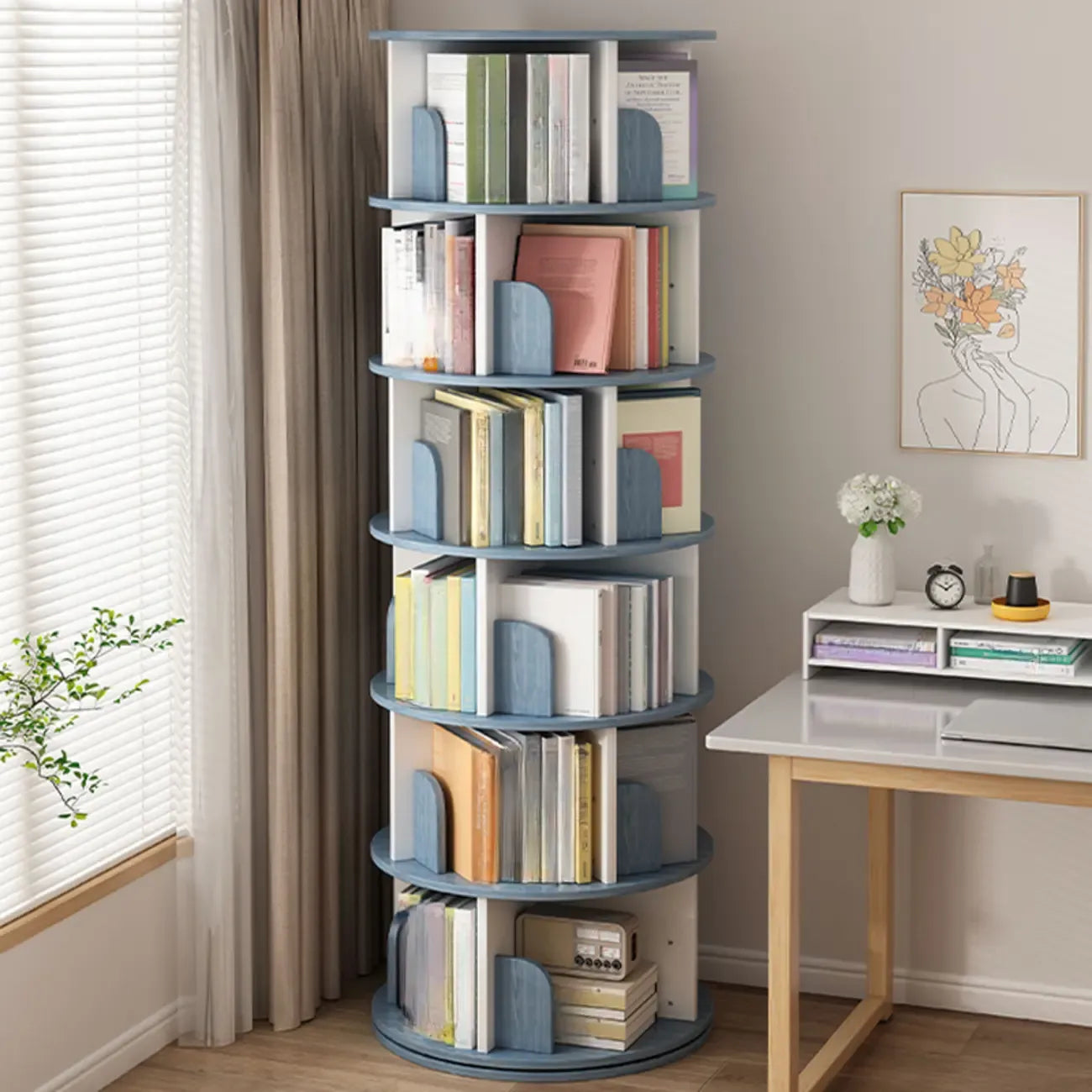 Bibliothèque cylindrique en bois marron à dos ouvert et pivotante