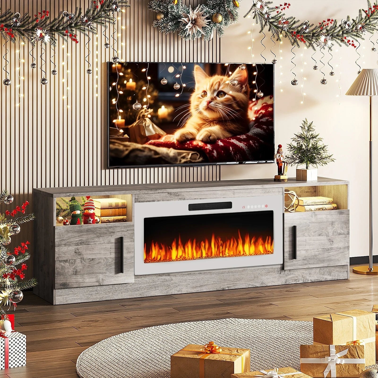 Meuble TV Bossin 70 avec cheminée électrique 36 pouces, compatible avec les téléviseurs jusqu'à 80 pouces, éclairage LED 16 couleurs/centre multimédia