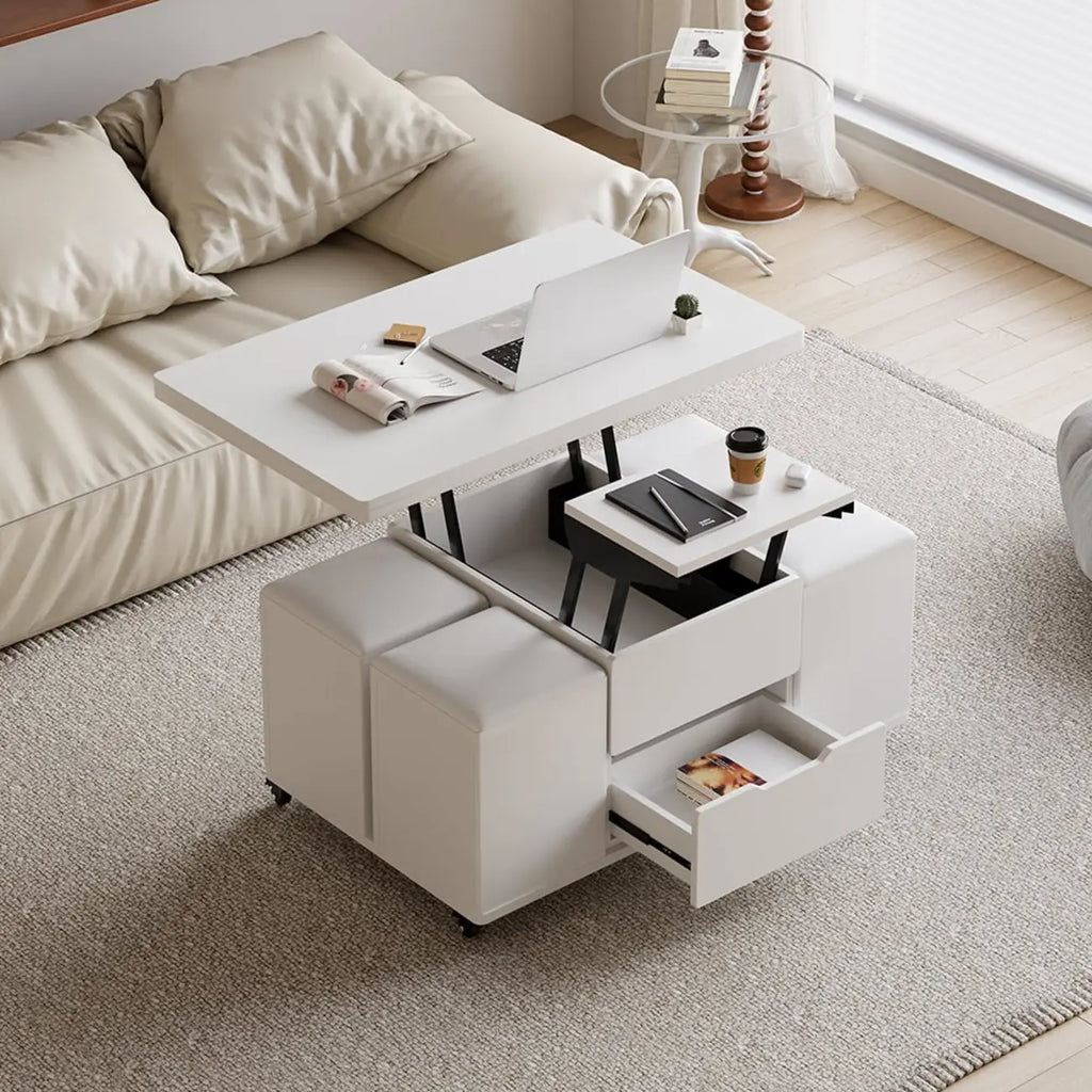 Table basse pliable à plateau relevable avec 4 tabourets et rangement
