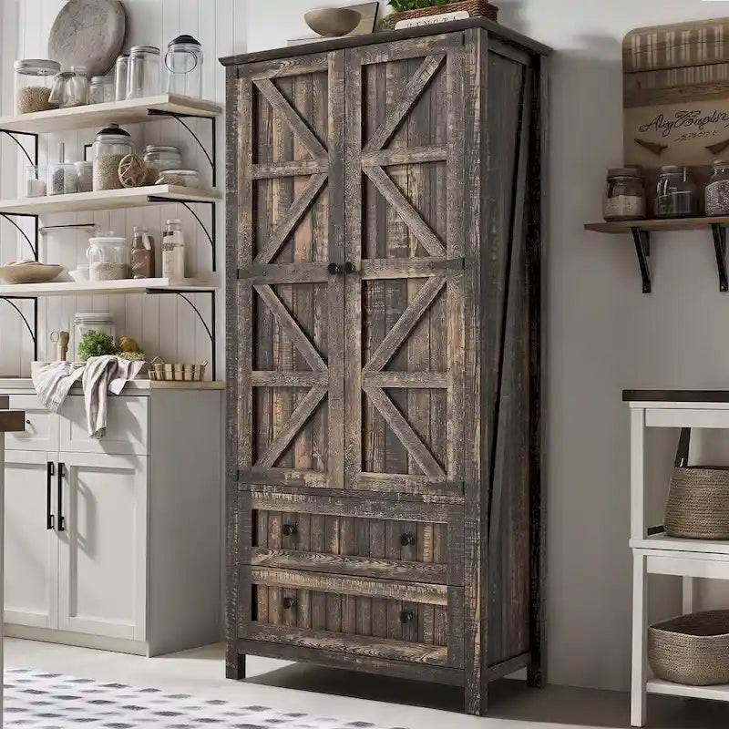 Dispensa da Cucina a Colonna Stile Rustico con 2 Cassetti e Ante, 162 cm