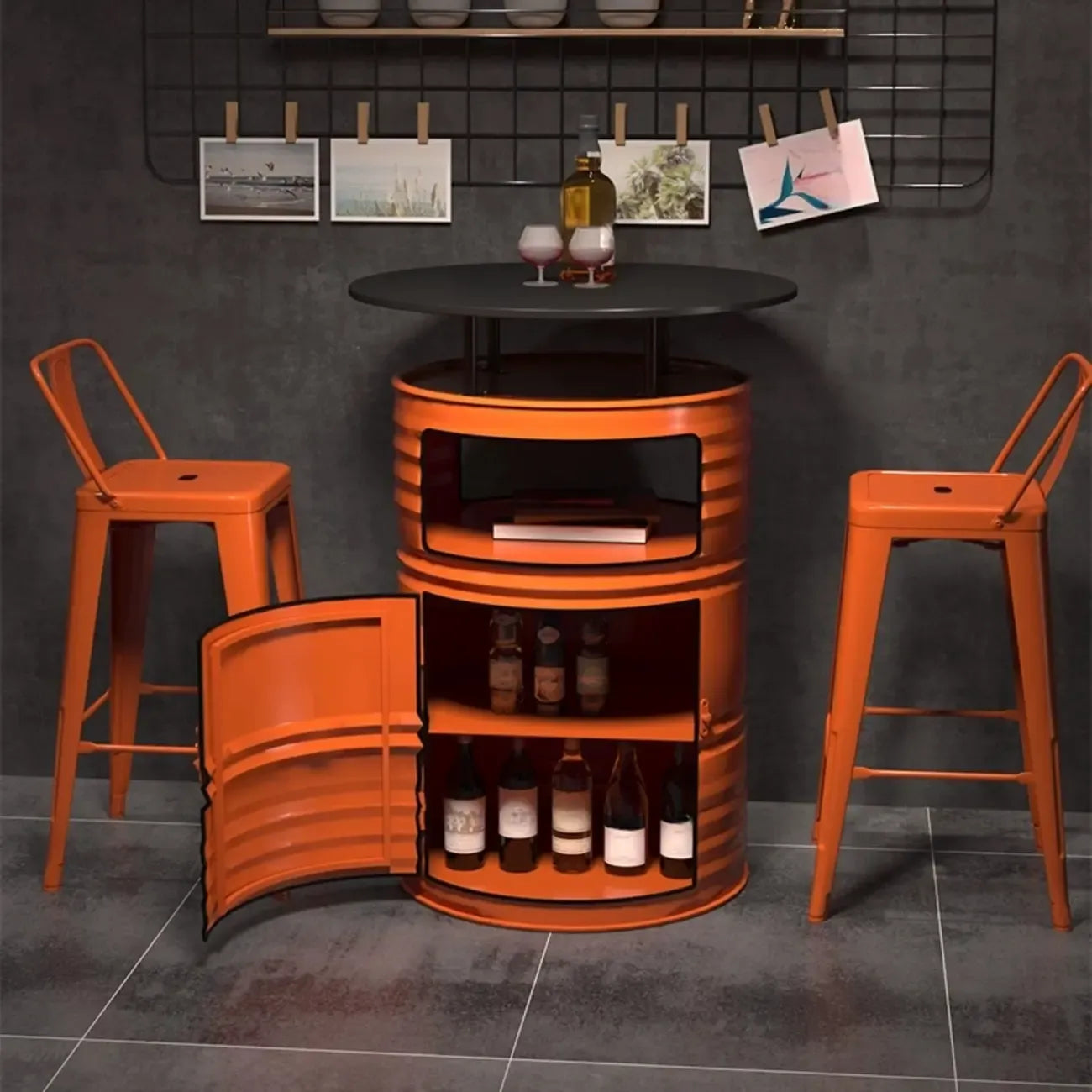 Tables de bar industrielles noires et oranges pour le rangement de fûts en métal