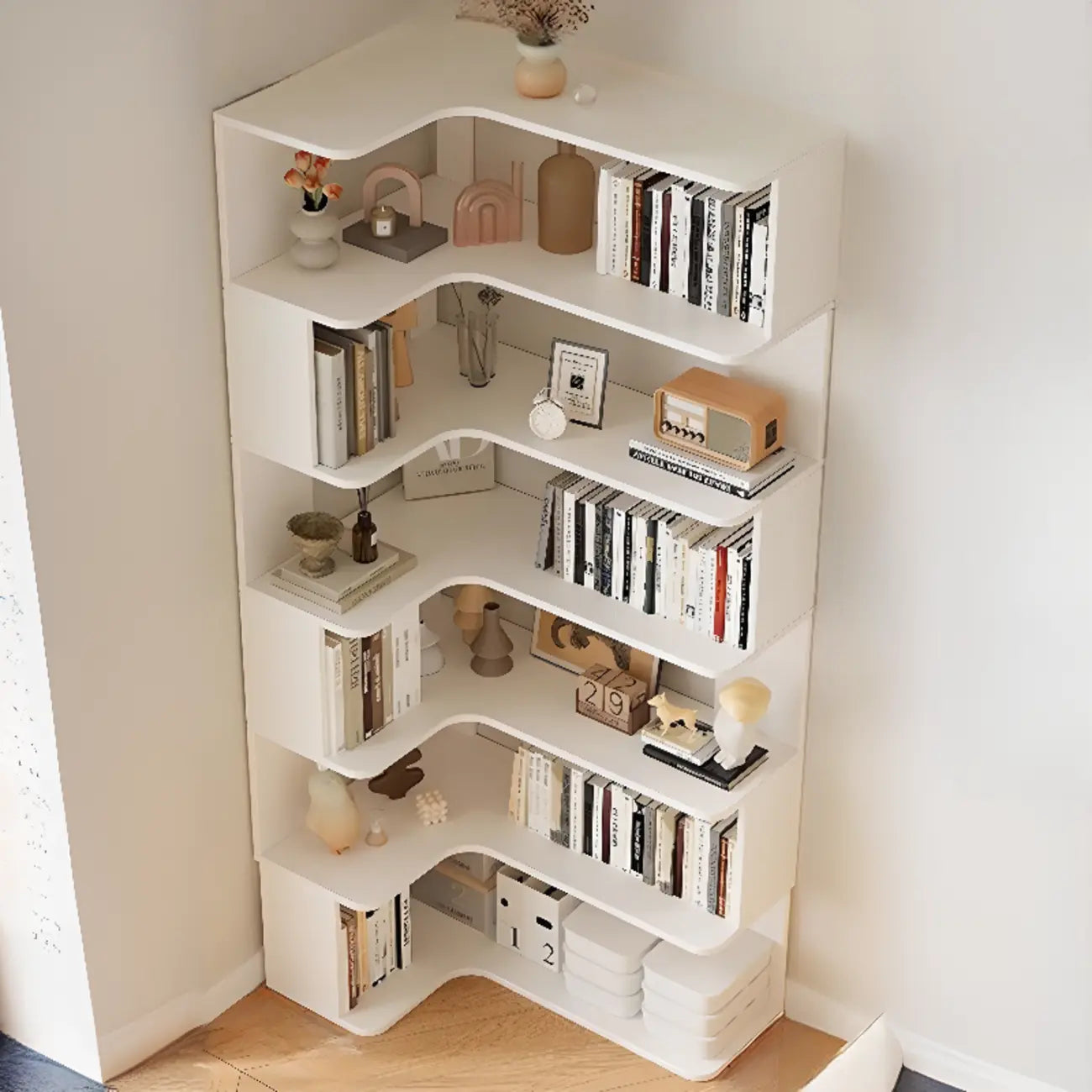 Bibliothèque d'angle en bois composite à 6 étagères
