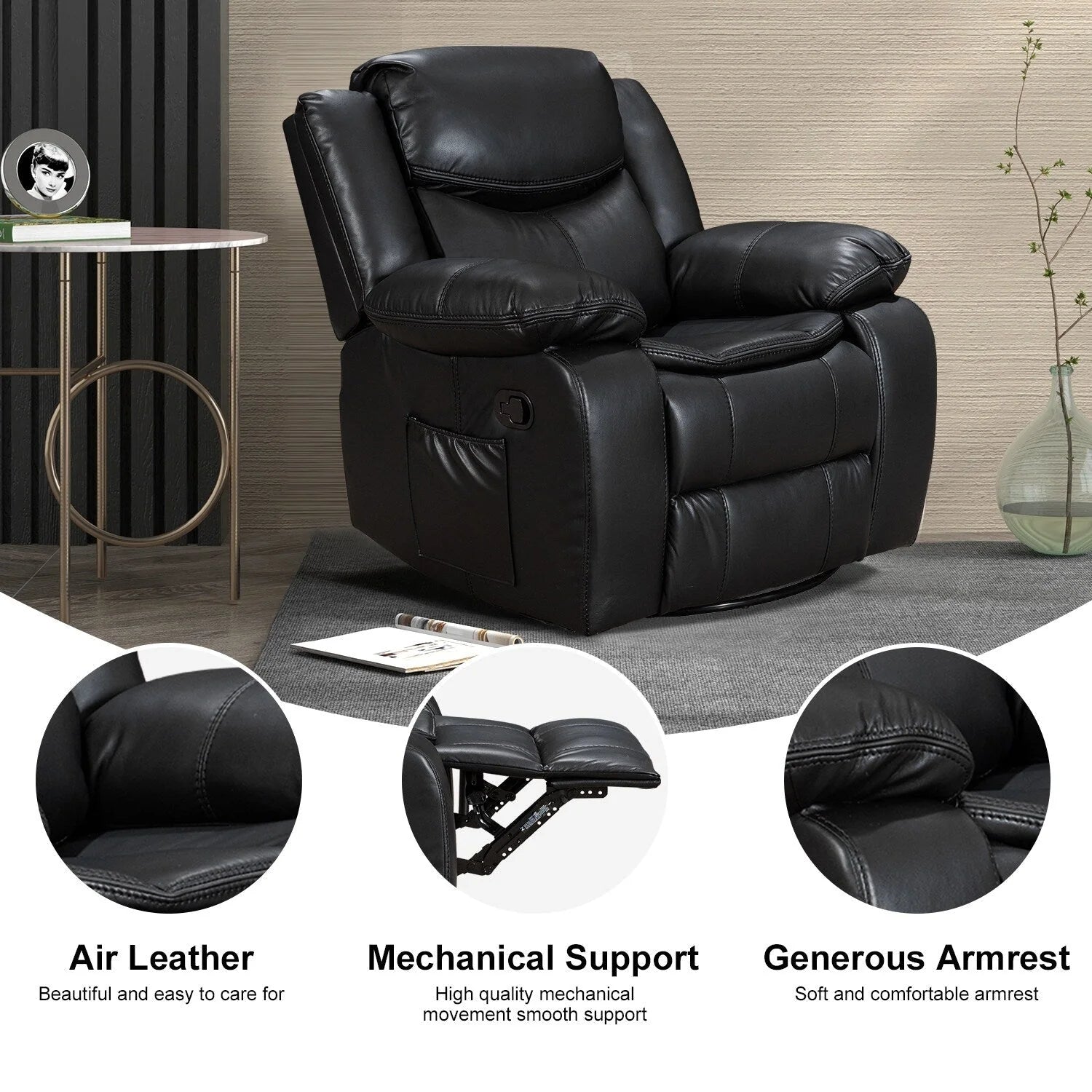 Fauteuil inclinable à large assise en cuir durable avec massage et chauffage