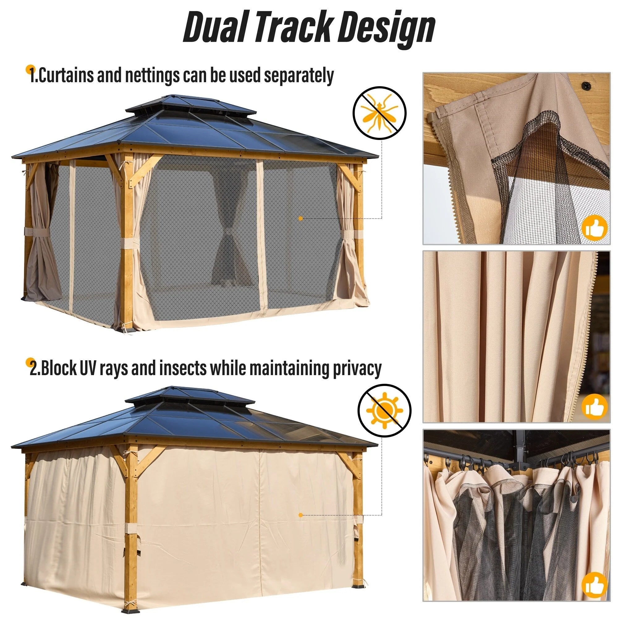 Tonnelle EROMMY à toit rigide, pergola extérieure avec double toit, moustiquaire et rideaux, auvent robuste pour patio, jardin, fête au bord de la piscine