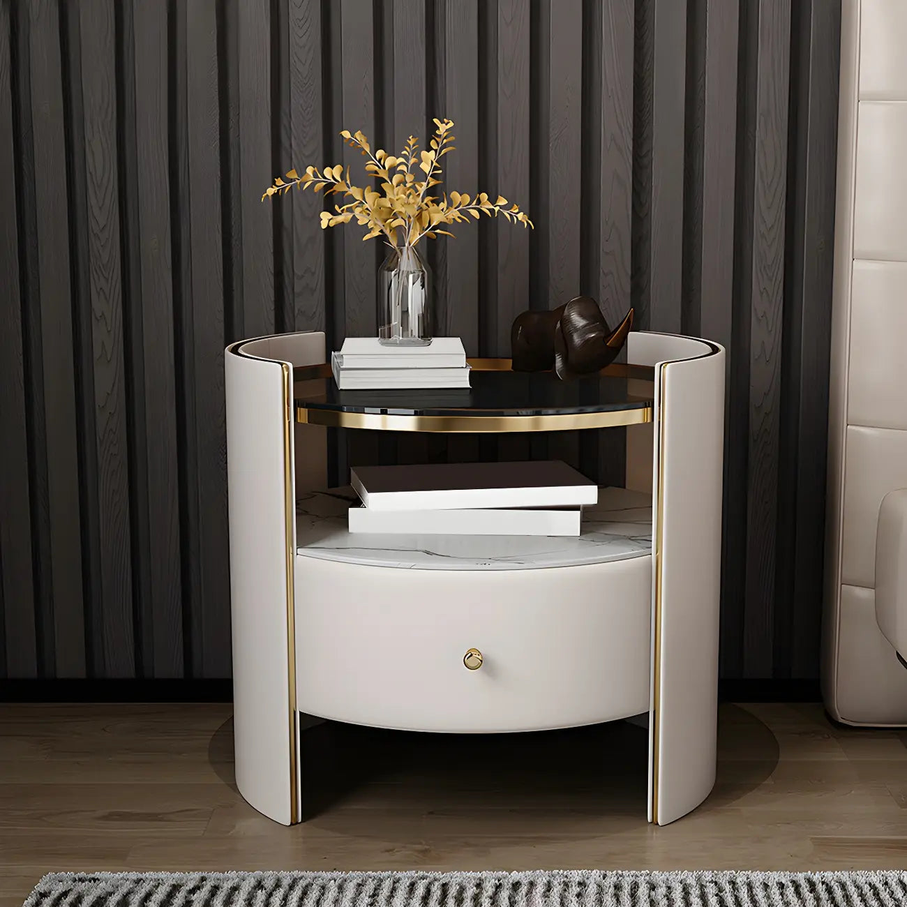Table de chevet de luxe avec plateau en verre, tiroir de rangement et niche ouverte