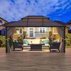 Tonnelle EROMMY à toit rigide, pergola extérieure avec double toit, moustiquaire et rideaux, auvent robuste pour patio, jardin, fête au bord de la piscine
