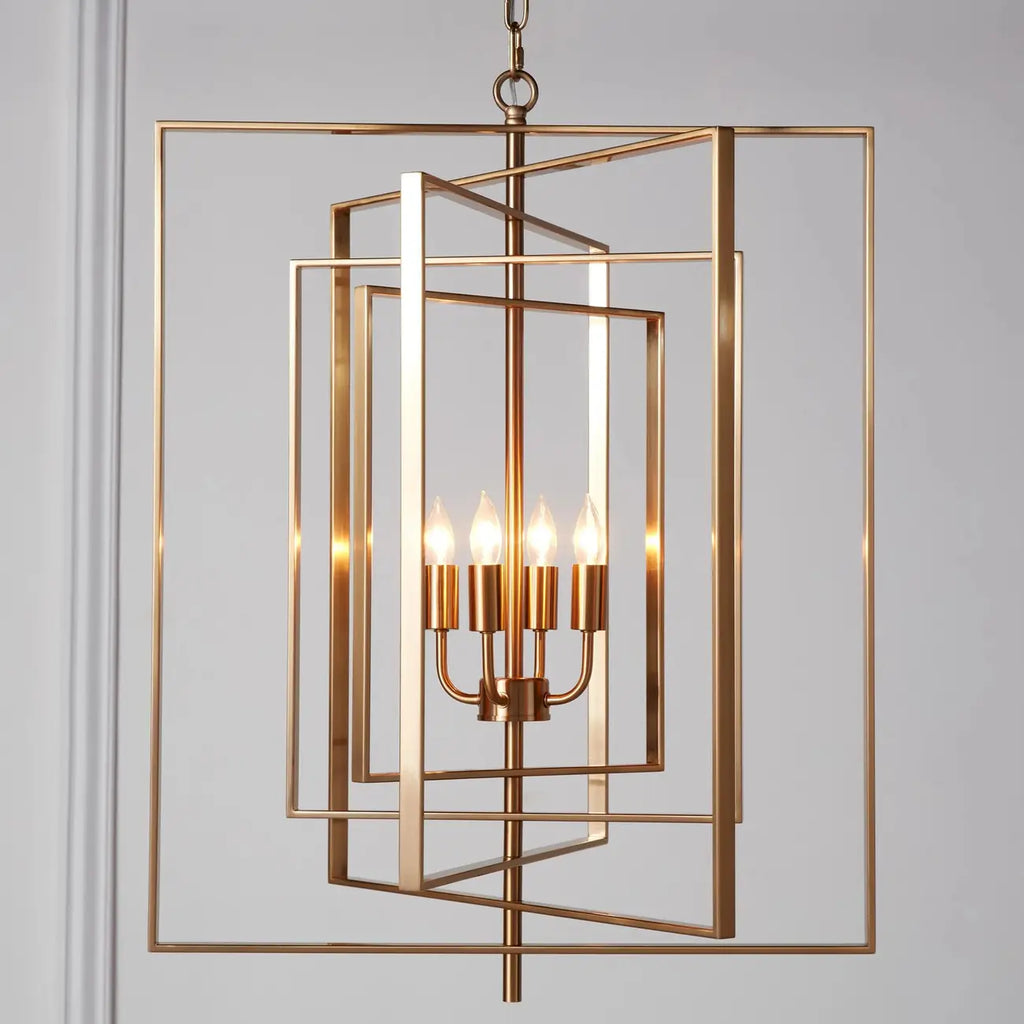 Lustre moderne rectangulaire en métal doré à structure cage