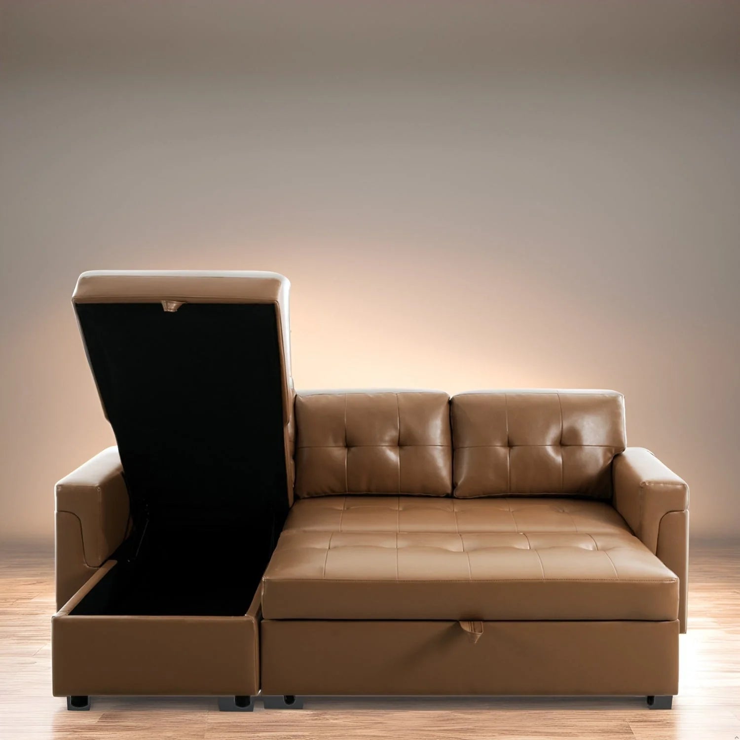 Canapé d'angle convertible et réversible avec lit gigogne, méridienne de rangement dissimulée et pieds robustes.