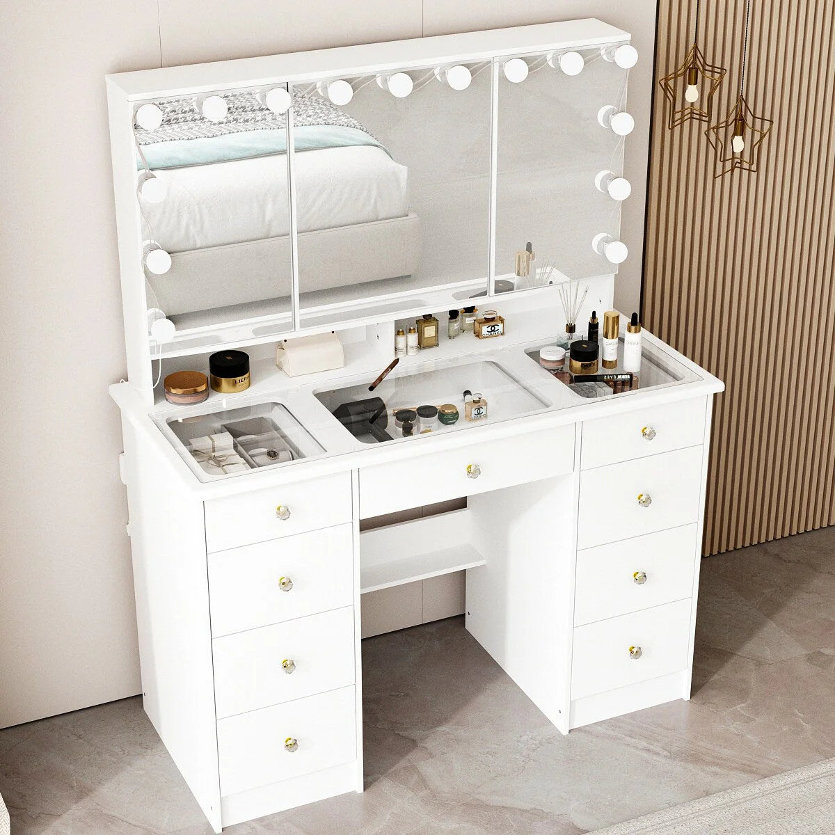 Coiffeuse avec miroir à trois volets, éclairage certifié, plateau en verre