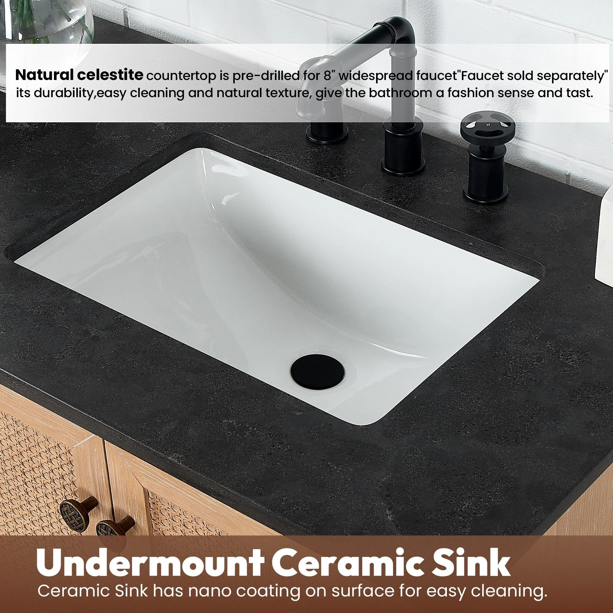 Meuble-lavabo Hervas avec plateau en marbre naturel, sans miroir.
