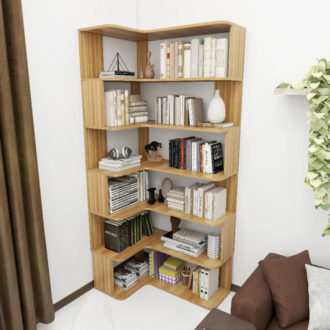 Bibliothèque d'angle en bois composite à 6 étagères