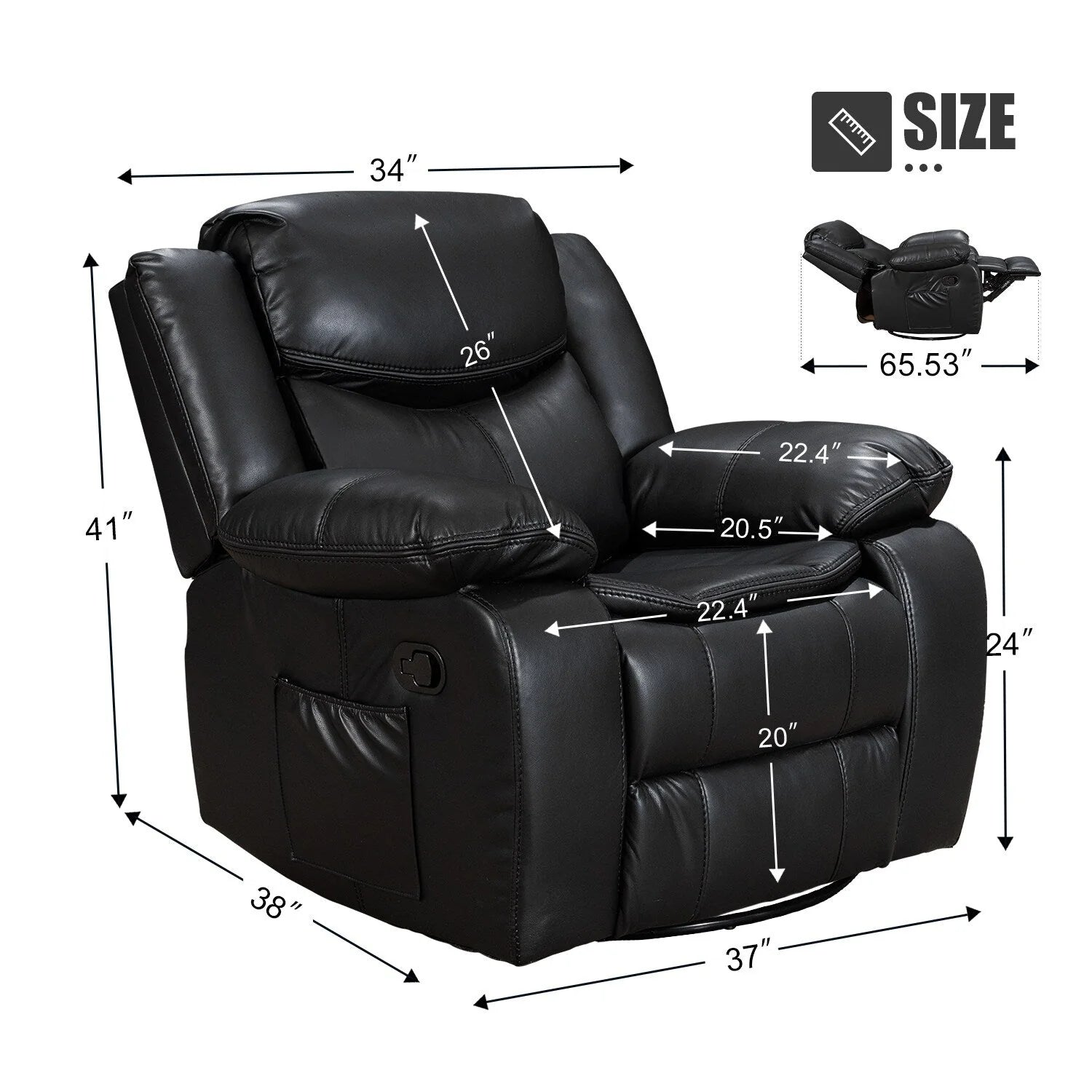 Fauteuil inclinable à large assise en cuir durable avec massage et chauffage