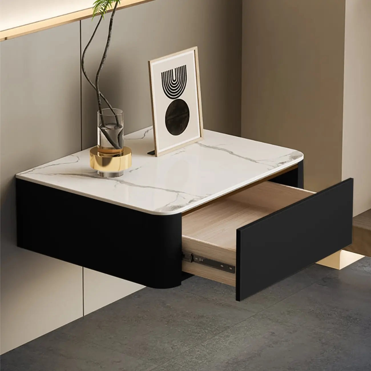 Table de chevet suspendue moderne en bois et pierre avec tiroir