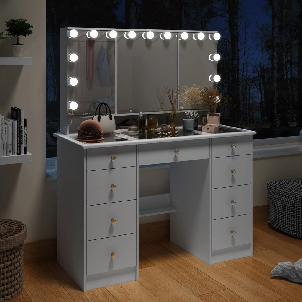 Coiffeuse avec miroir à trois volets, éclairage certifié, plateau en verre