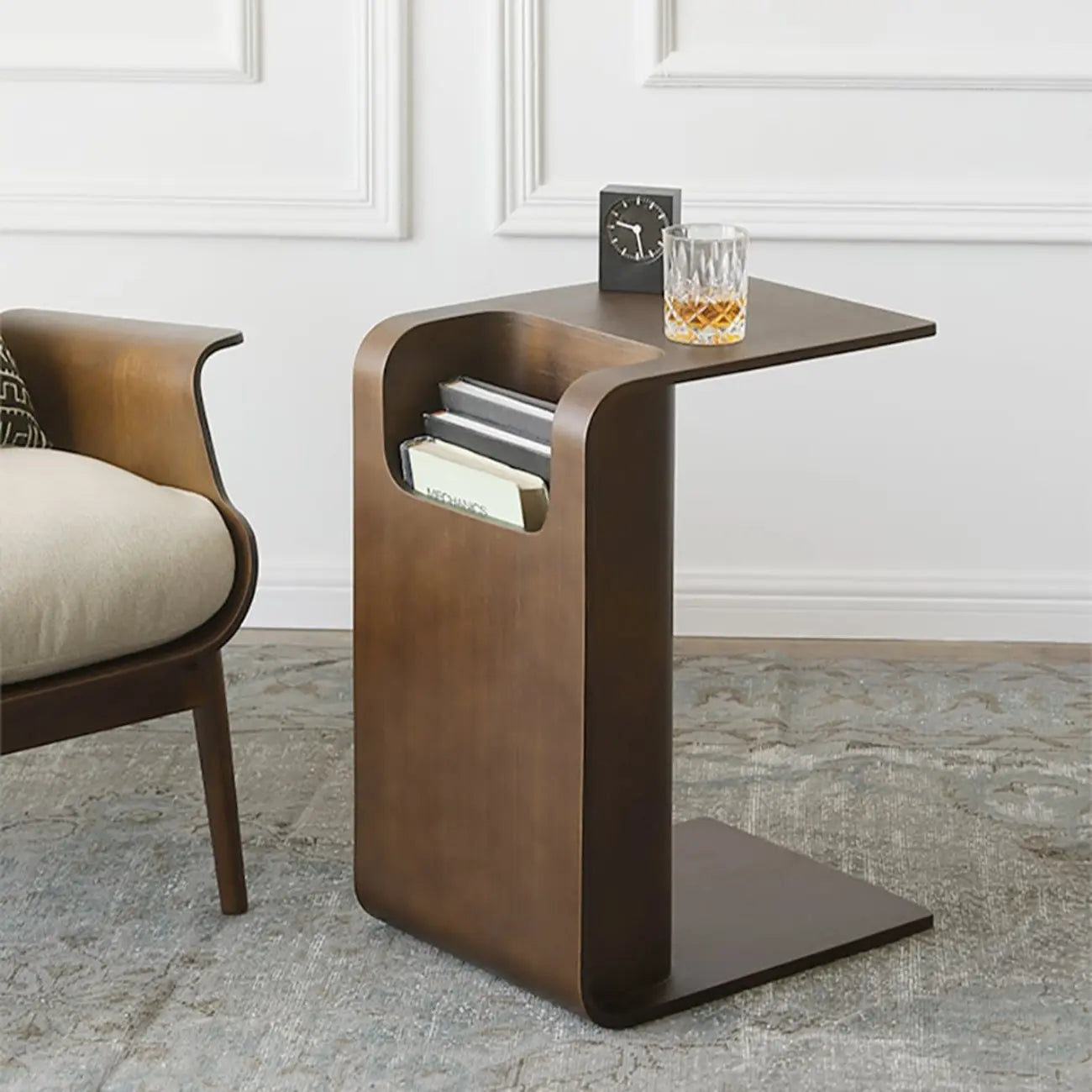 Table d'appoint convertible en forme de C en bois de noyer avec rangement