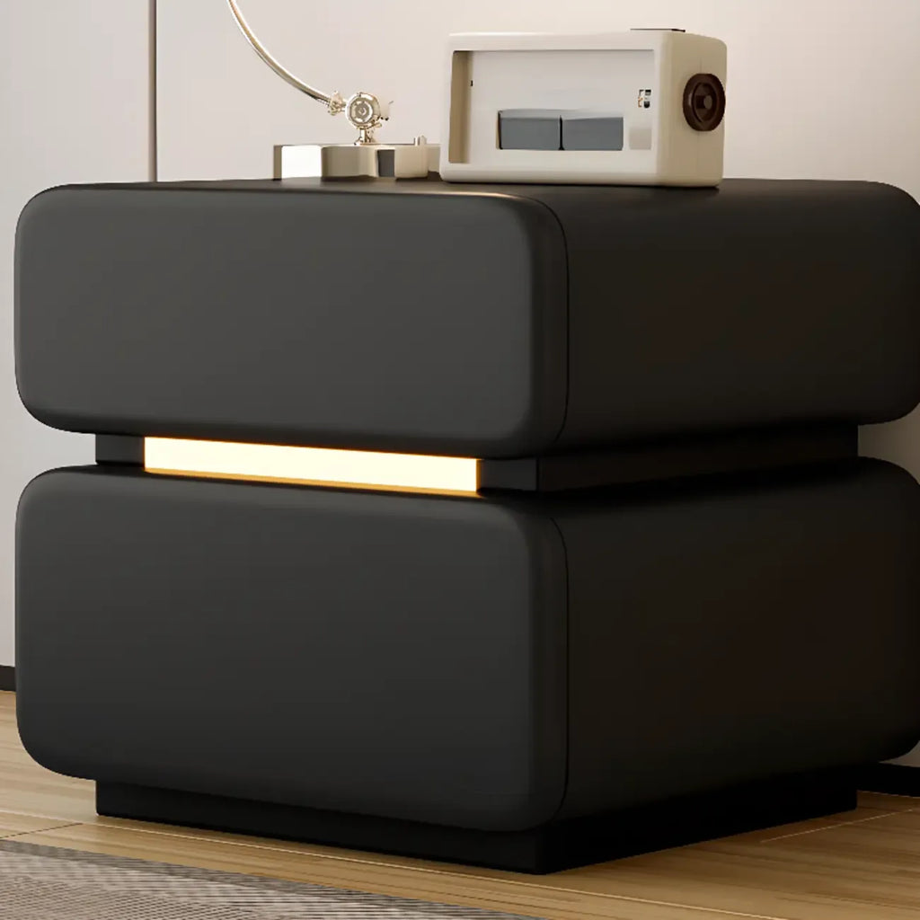 Table de chevet moderne avec plateau en cuir noir et 2 tiroirs