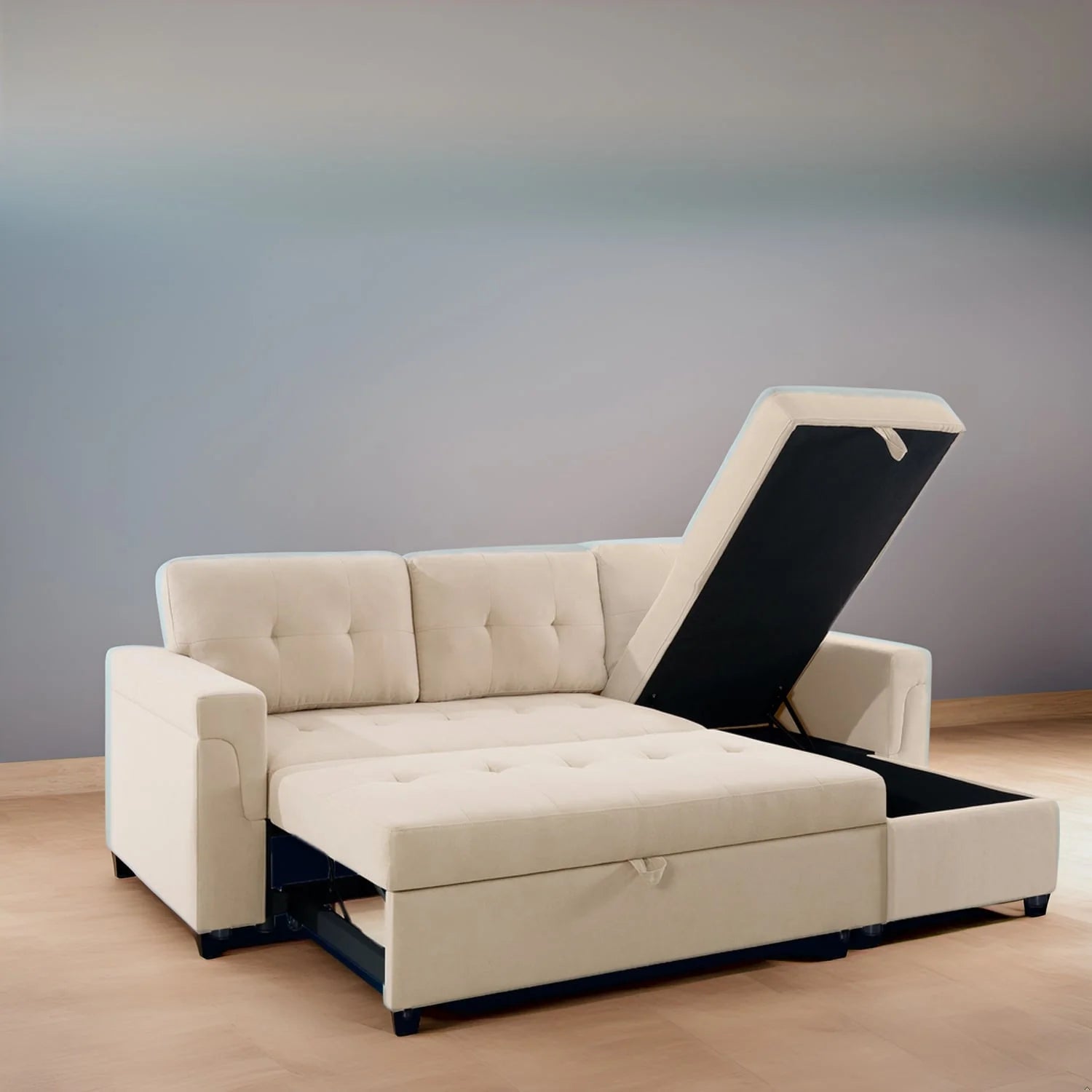 Canapé d'angle convertible et réversible avec lit gigogne, méridienne de rangement dissimulée et pieds robustes.