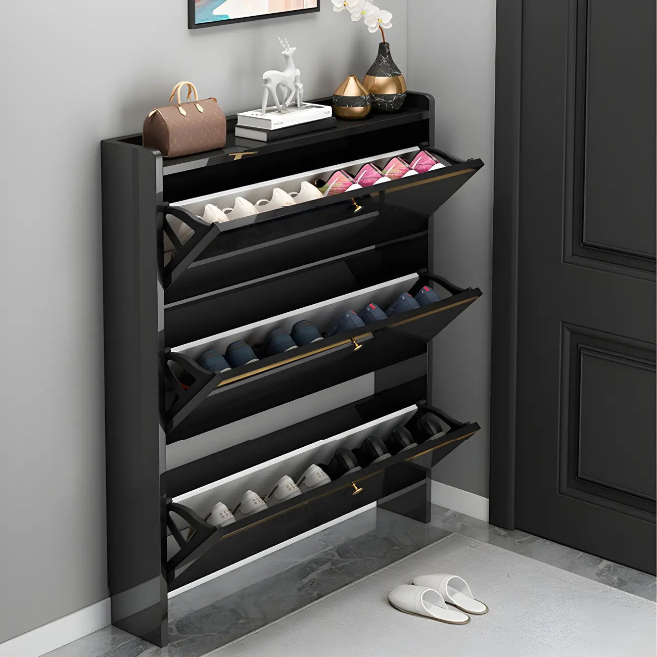 Meuble de rangement à chaussures noir glamour pour entrée avec étagères réglables