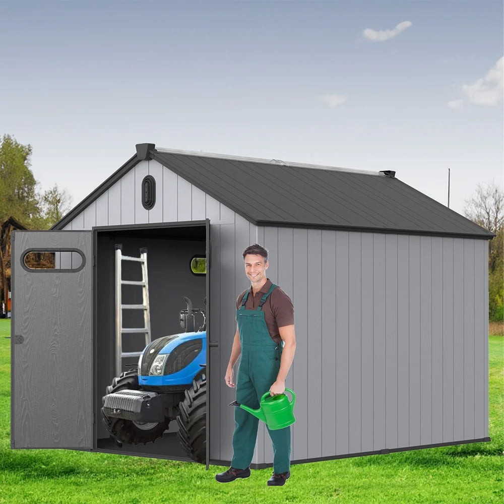 Abri de jardin en résine plastique tout temps avec plancher, dimensions : 1,83 m x 1,22 m / 1,83 m x 2,44 m / 2,44 m x 1,83 m / 2,44 m x 3,05 m.