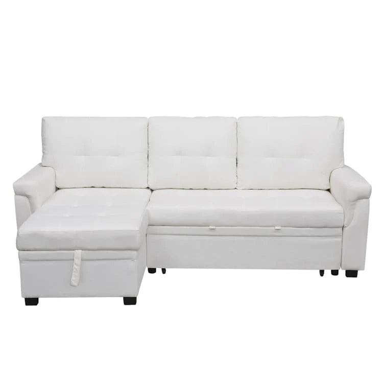 Canapé d'angle convertible et réversible avec lit gigogne, méridienne de rangement dissimulée et pieds robustes.