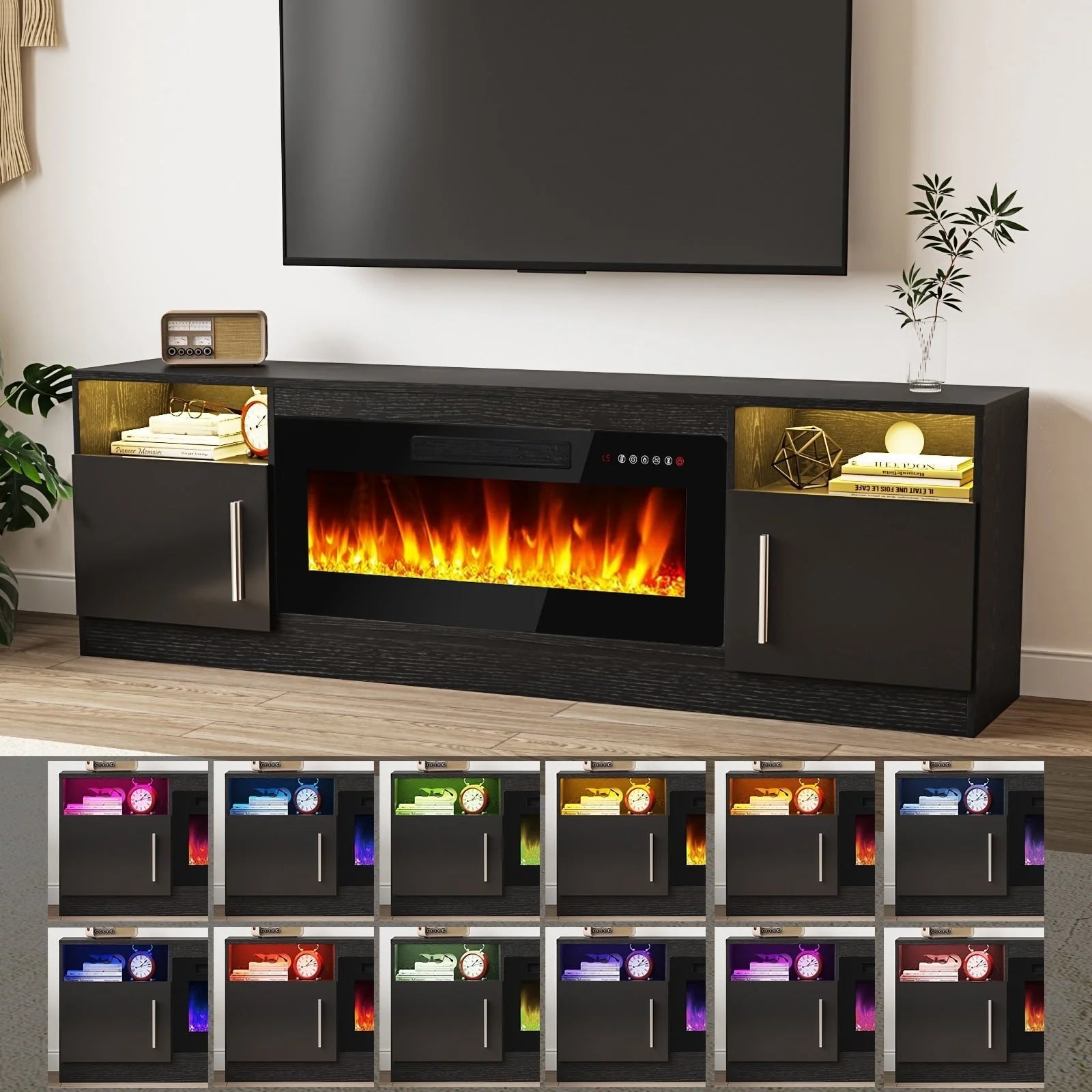 Meuble TV Bossin 70 avec cheminée électrique 36 pouces, compatible avec les téléviseurs jusqu'à 80 pouces, éclairage LED 16 couleurs/centre multimédia