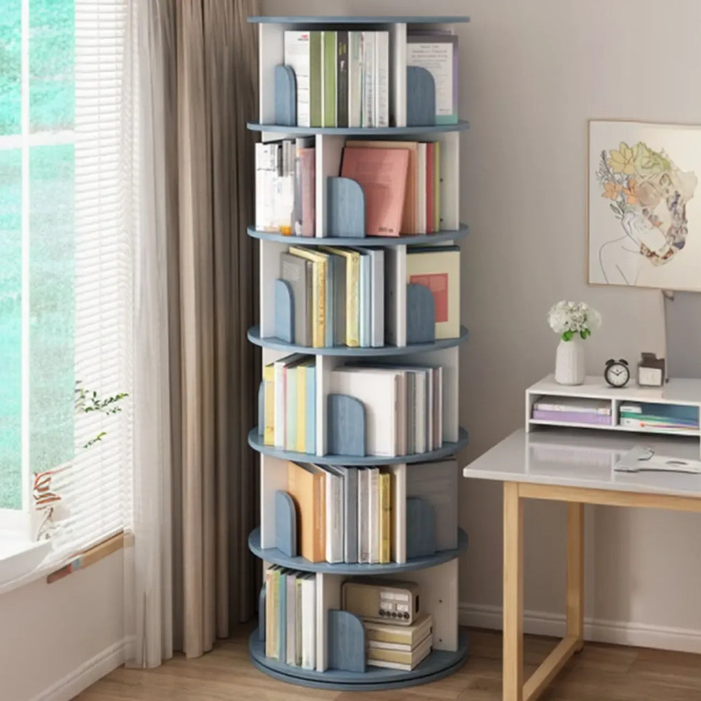 Bibliothèque cylindrique en bois marron à dos ouvert et pivotante