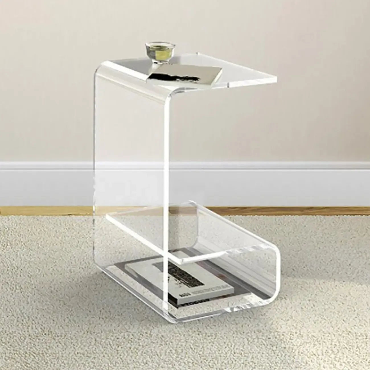 Table d'appoint minimaliste en acrylique en forme de C avec rangement