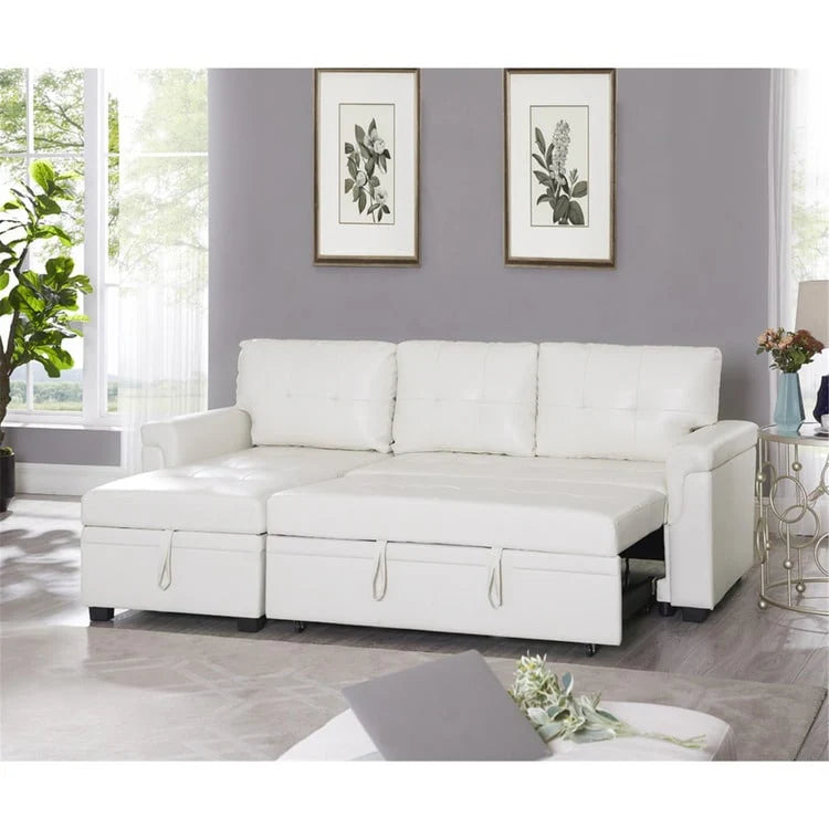 Canapé d'angle convertible et réversible avec lit gigogne, méridienne de rangement dissimulée et pieds robustes.