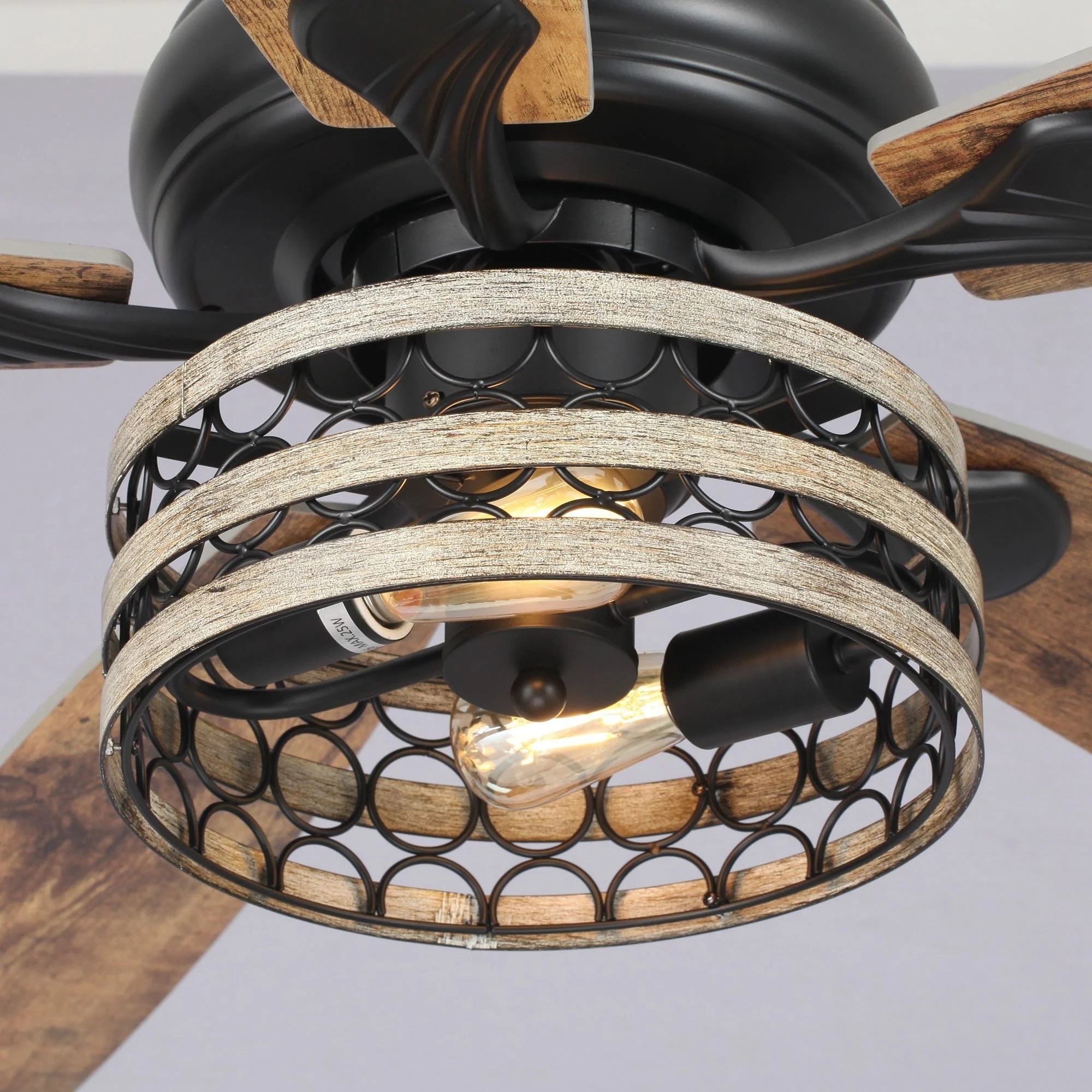 Ventilateur de plafond 5 pales noir à cage, style ferme, avec télécommande