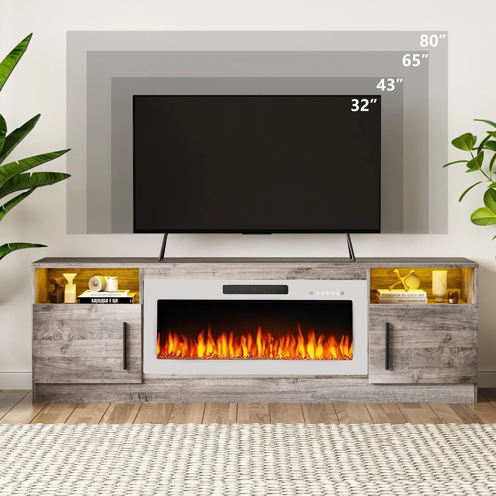 Meuble TV Bossin 70 avec cheminée électrique 36 pouces, compatible avec les téléviseurs jusqu'à 80 pouces, éclairage LED 16 couleurs/centre multimédia