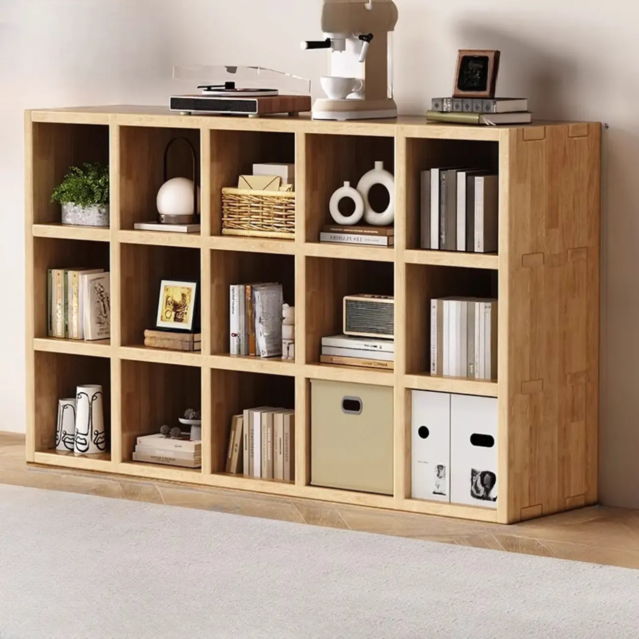 Bibliothèque horizontale moderne en bois à 8 cubes, finition naturelle
