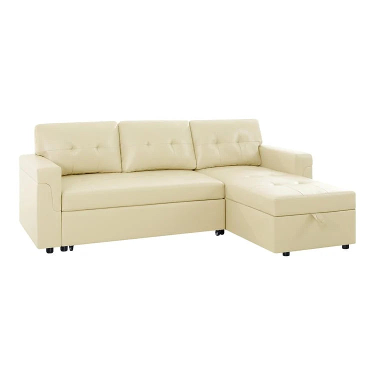Canapé d'angle convertible et réversible avec lit gigogne, méridienne de rangement dissimulée et pieds robustes.