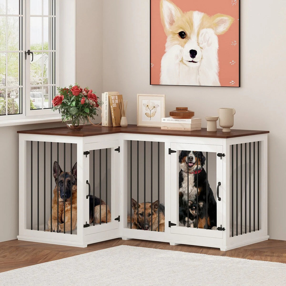 Grand meuble d'angle pour 2 chiens, cage en forme de L - 58,7 x 41,1 pouces