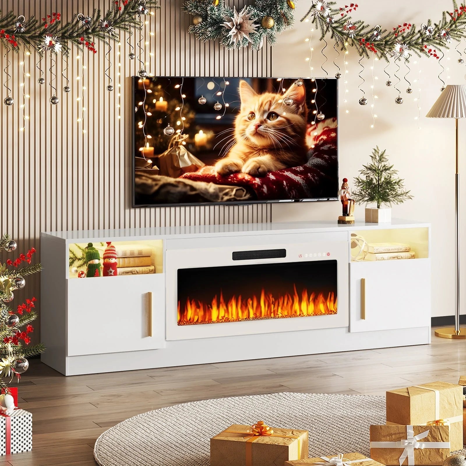 Meuble TV Bossin 70 avec cheminée électrique 36 pouces, compatible avec les téléviseurs jusqu'à 80 pouces, éclairage LED 16 couleurs/centre multimédia