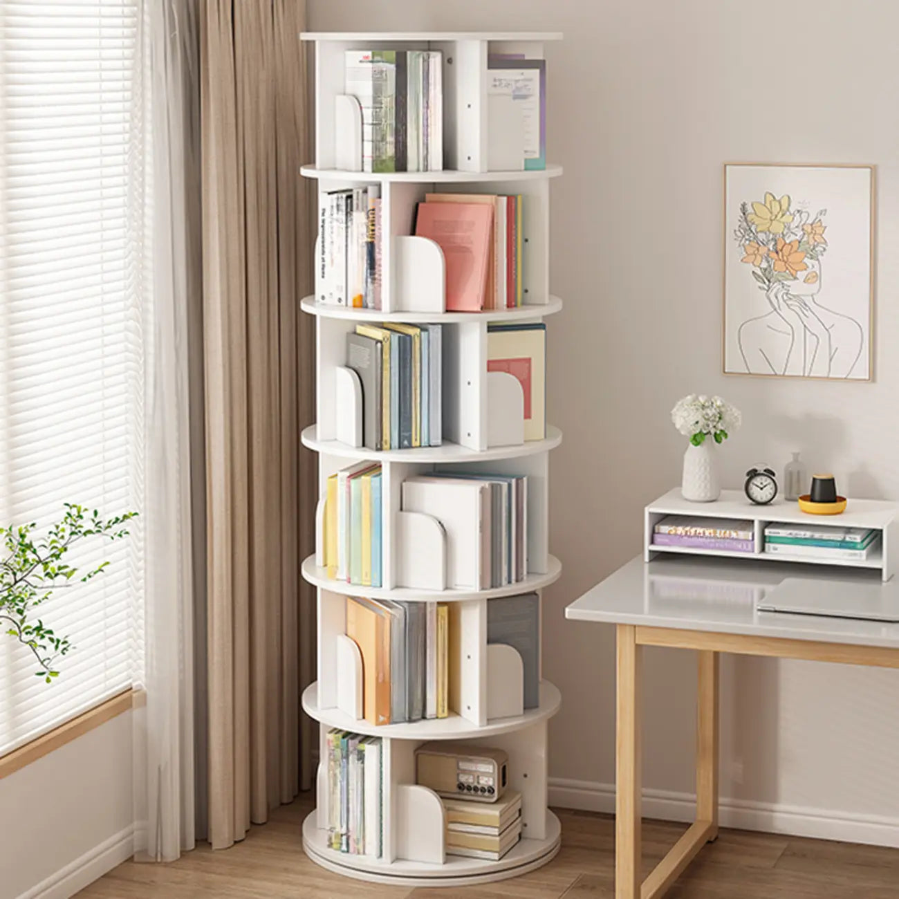 Bibliothèque cylindrique en bois marron à dos ouvert et pivotante