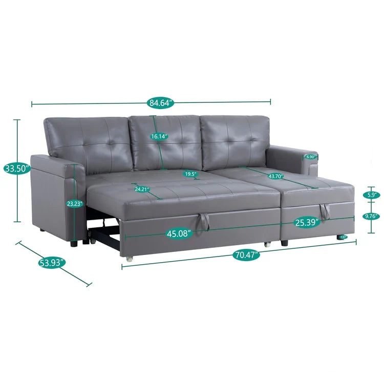 Canapé d'angle convertible et réversible avec lit gigogne, méridienne de rangement dissimulée et pieds robustes.