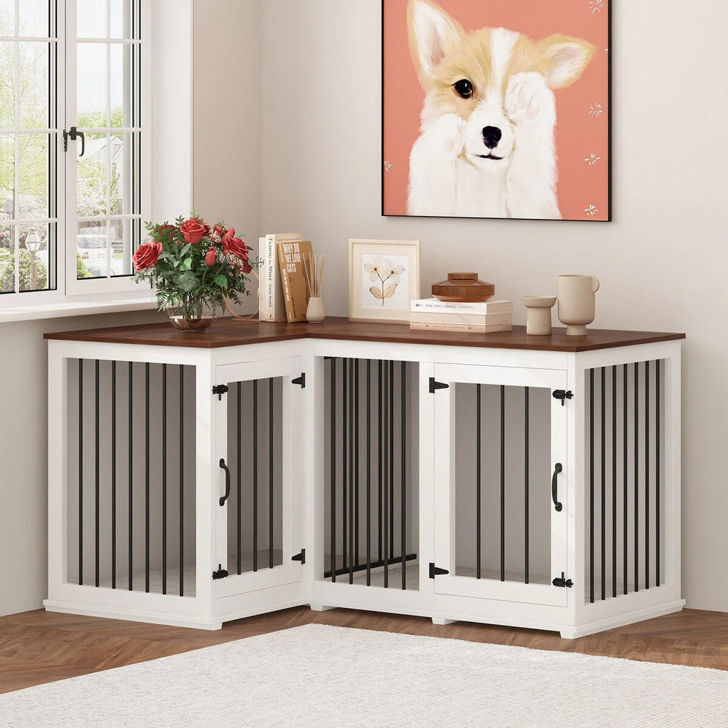 Grand meuble d'angle pour 2 chiens, cage en forme de L - 58,7 x 41,1 pouces