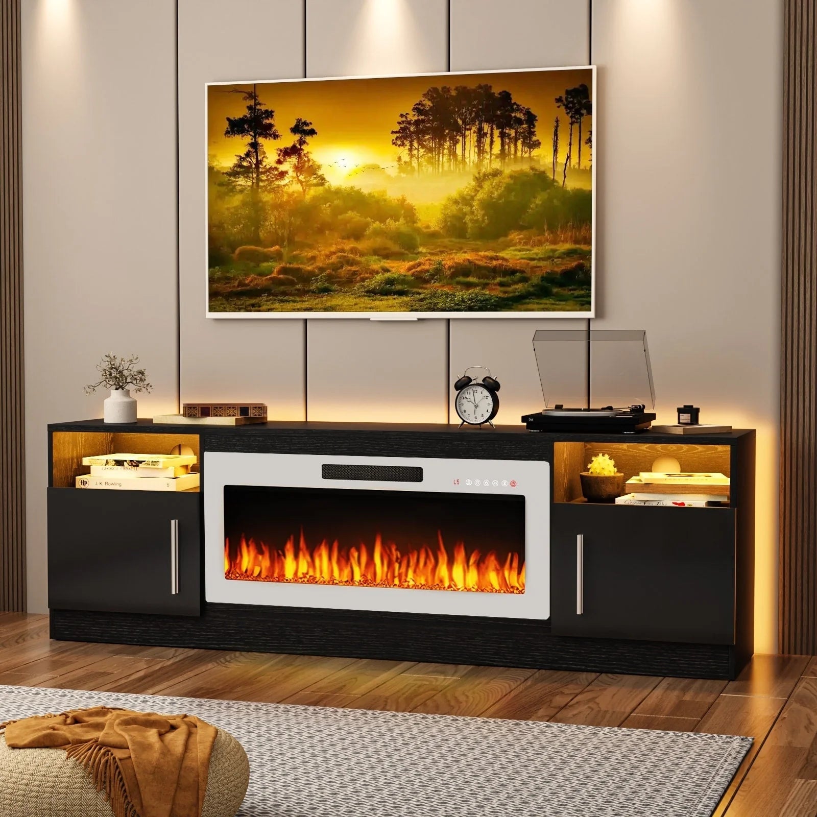 Meuble TV Bossin 70 avec cheminée électrique 36 pouces, compatible avec les téléviseurs jusqu'à 80 pouces, éclairage LED 16 couleurs/centre multimédia