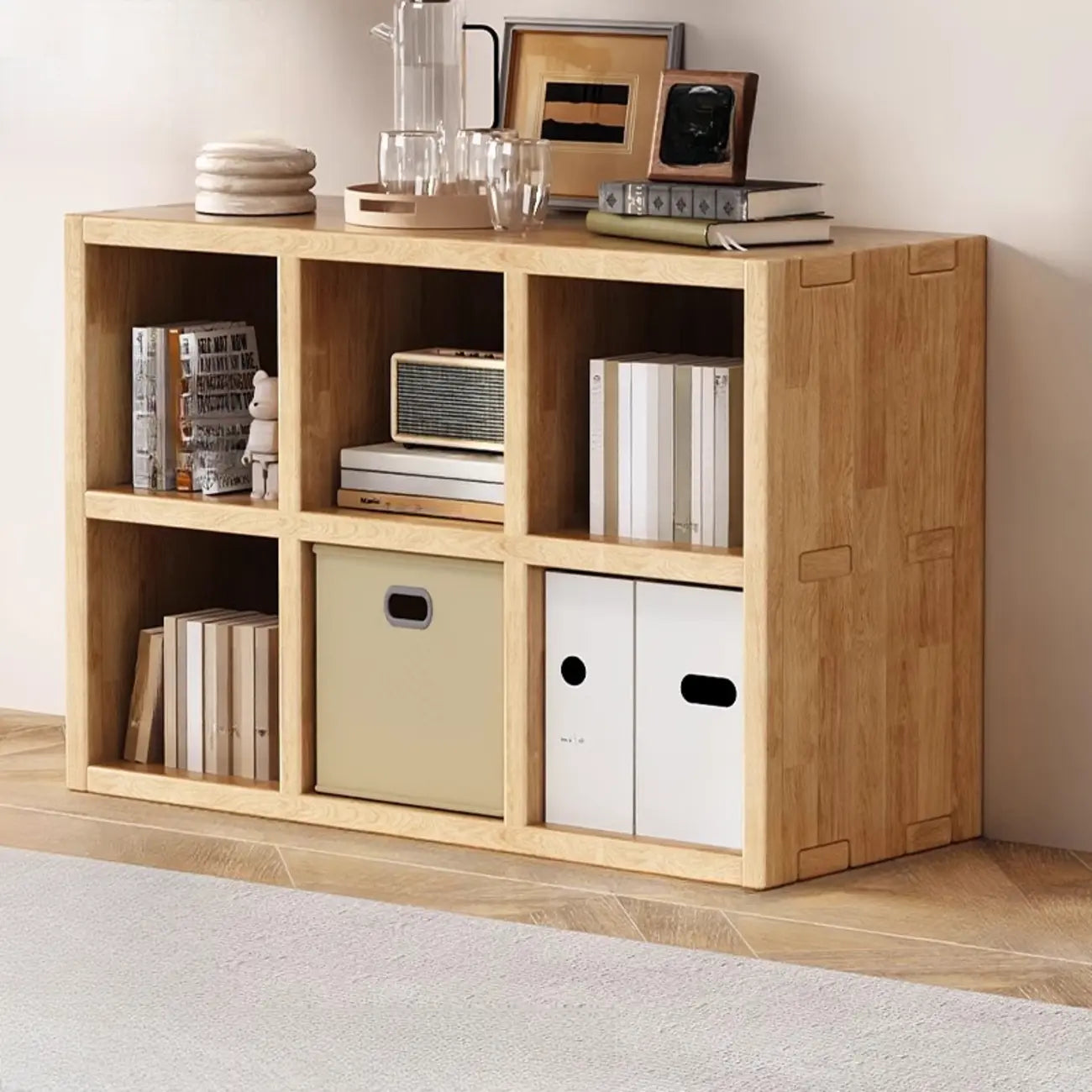 Bibliothèque horizontale moderne en bois à 8 cubes, finition naturelle