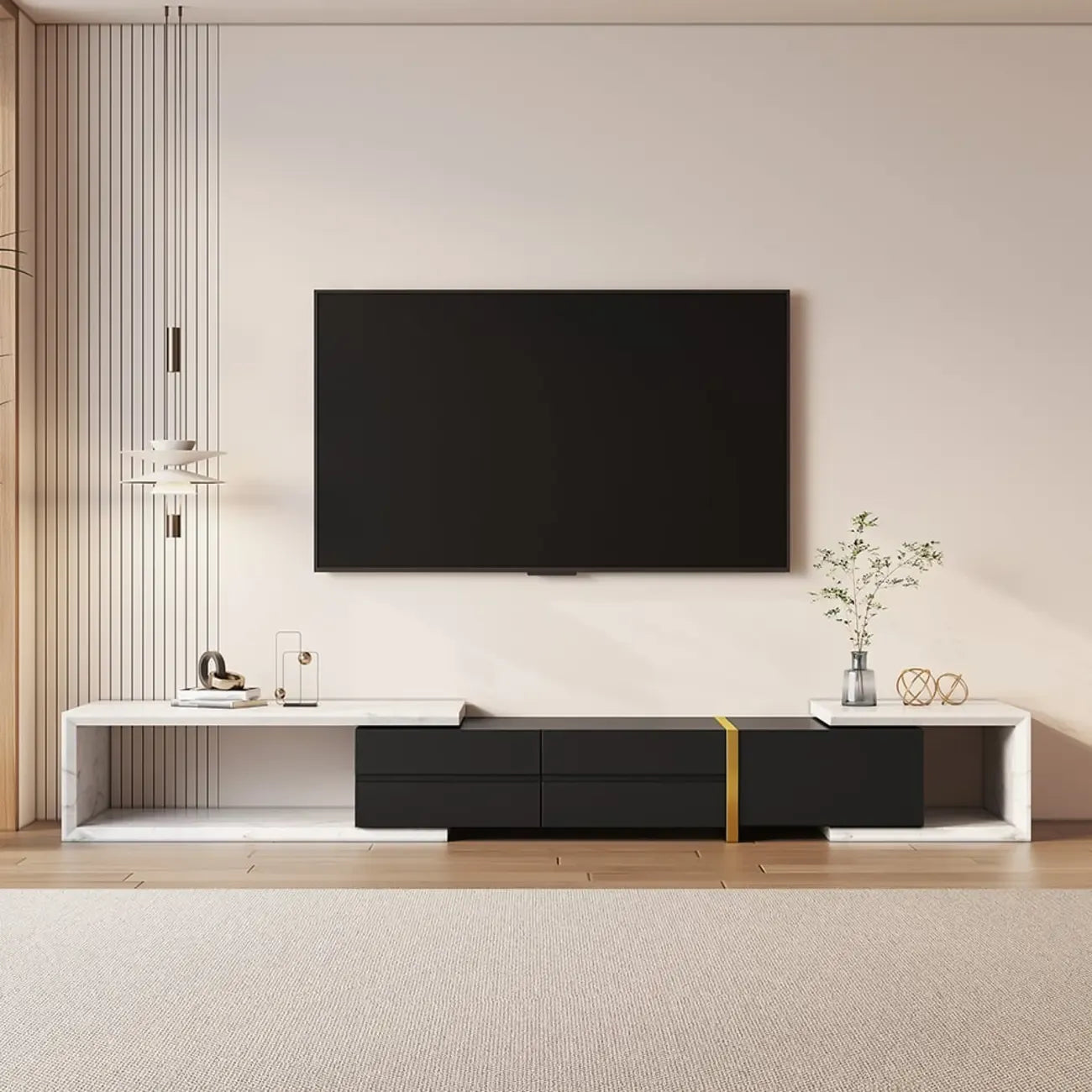 Meuble TV extensible moderne blanc et noir à 2 tiroirs en bois