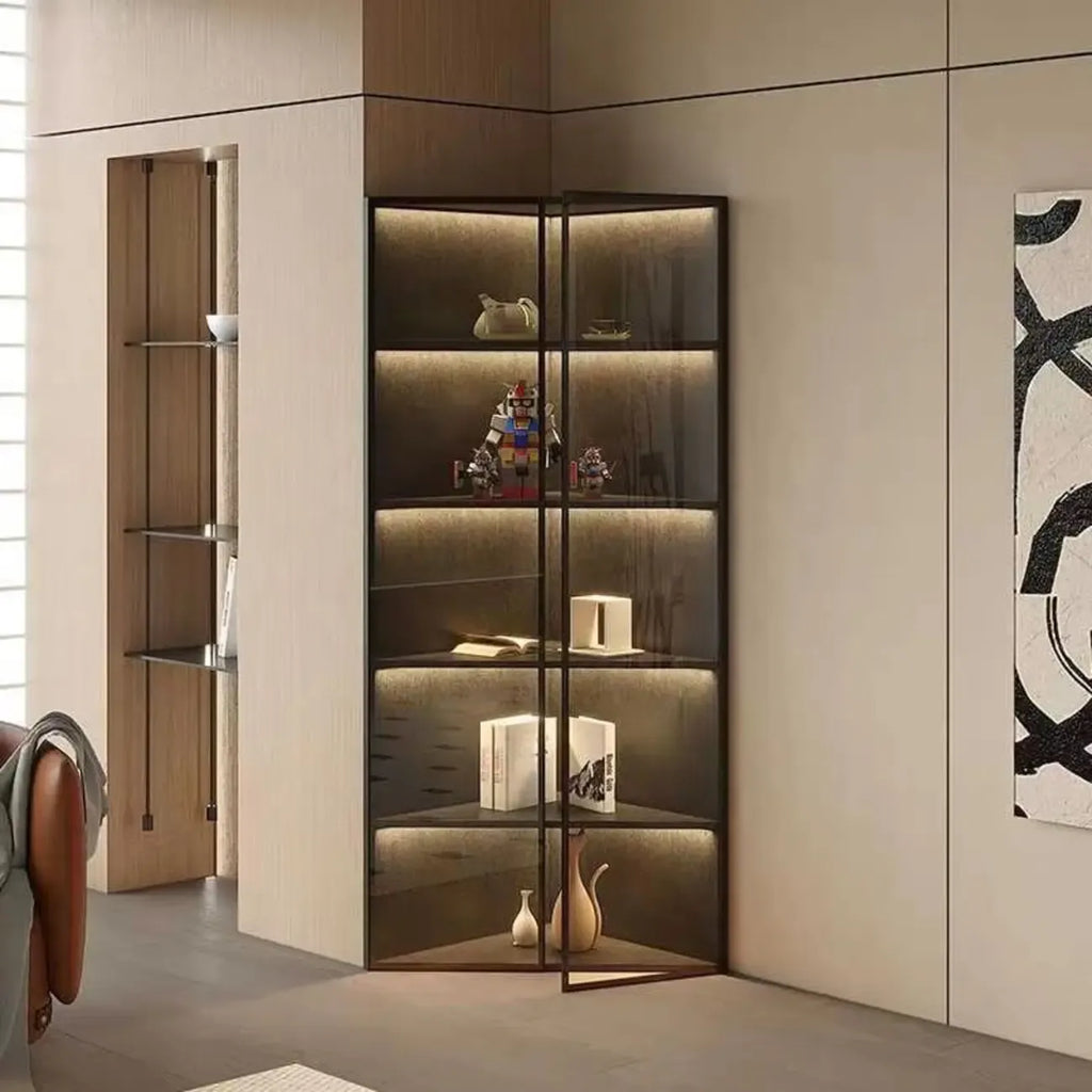 Vitrine d'angle moderne en métal gris et bois avec porte vitrée