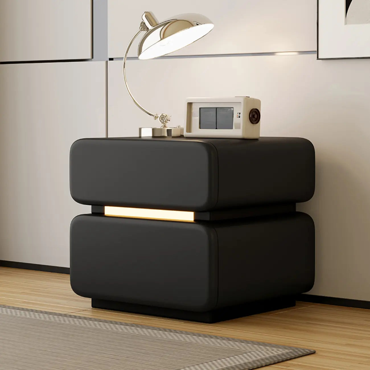 Table de chevet moderne avec plateau en cuir noir et 2 tiroirs