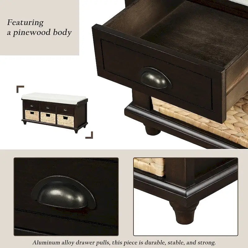 Banc de rangement rustique avec 3 tiroirs et 3 paniers en rotin, banc à chaussures pour salon, entrée